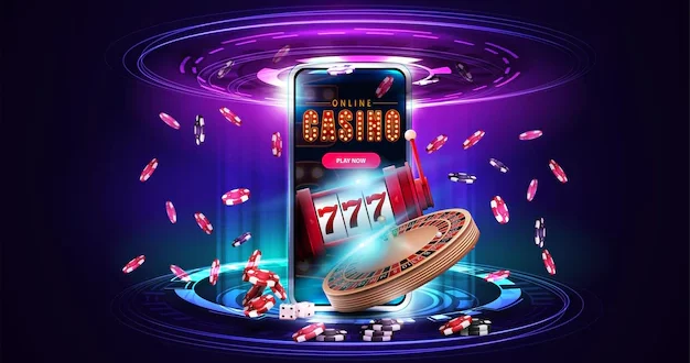 online casino banner with smartphone casino roulette wheel slot machine poker chips and hologram of digital rings in pink and blue scene 7993 7563
